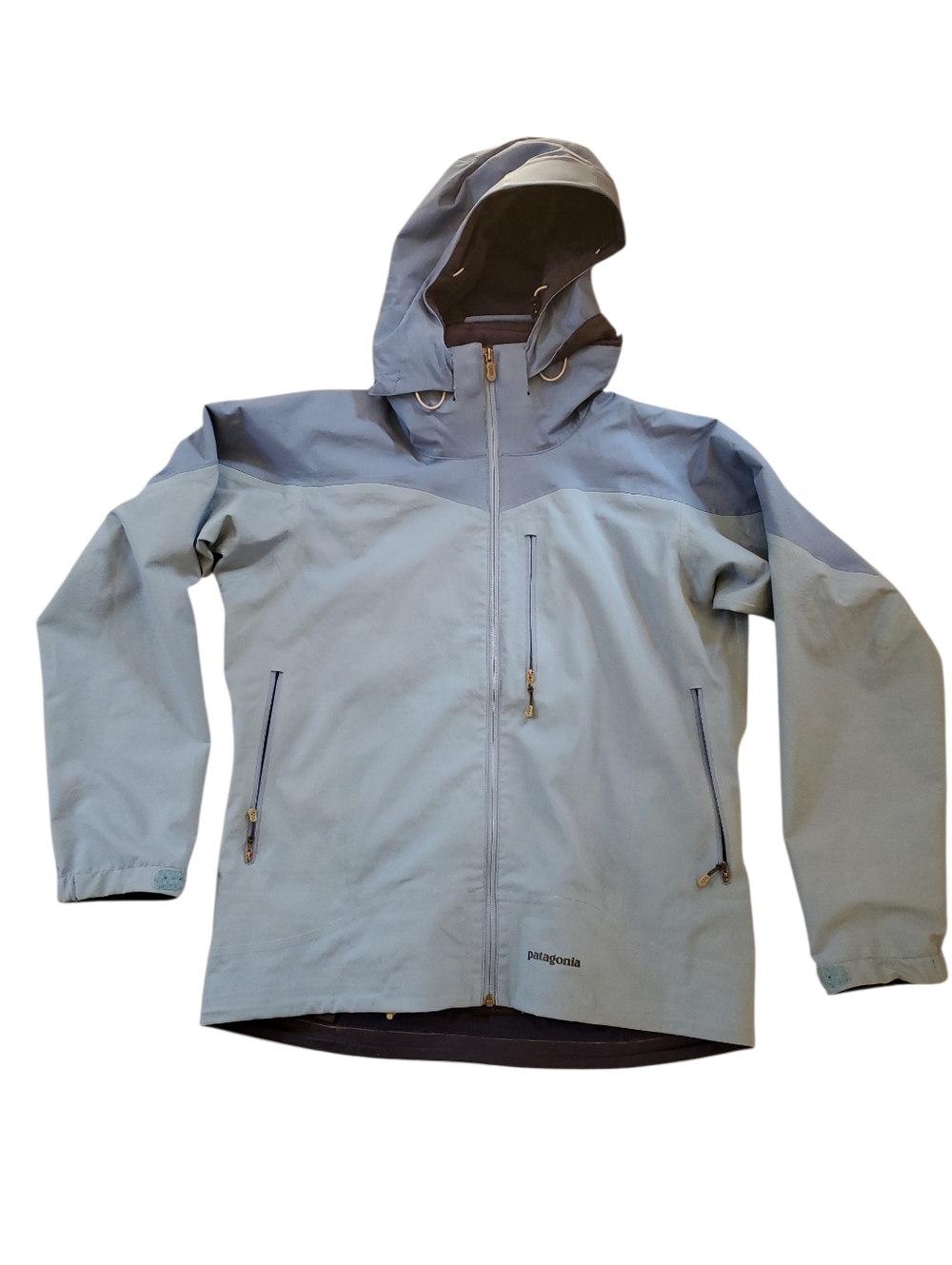Patagonia White Smoke Jacket Womans Large Blue Regulator Hooded Rain Coat